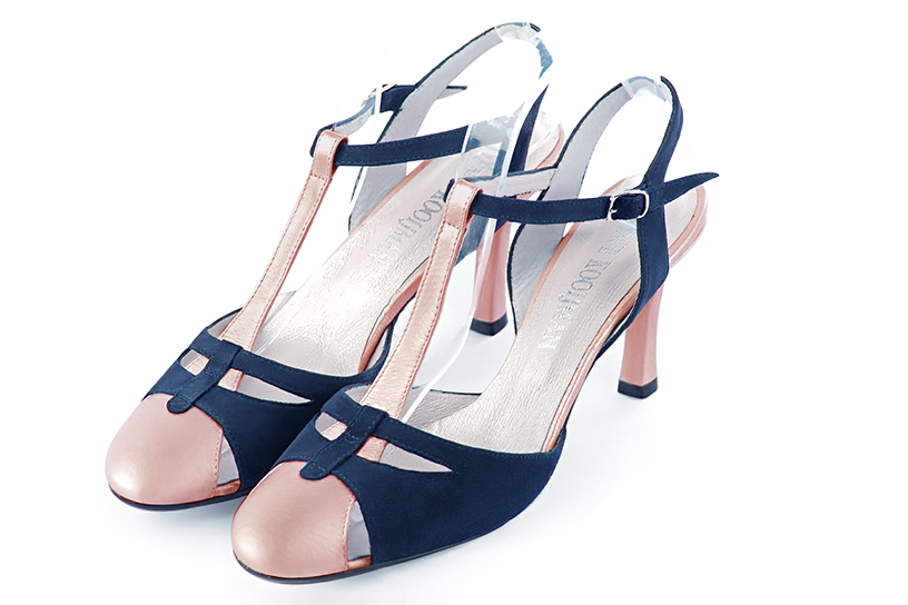 Powder pink and navy blue women's open back T-strap shoes. Round toe. High slim heel. Front view - Florence KOOIJMAN
